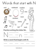 Words that start with N Coloring Page