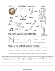 Words that start with N Handwriting Sheet
