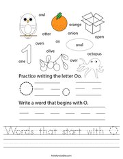 Words that start with O Handwriting Sheet