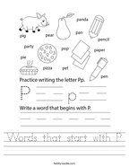 Words that start with P Handwriting Sheet