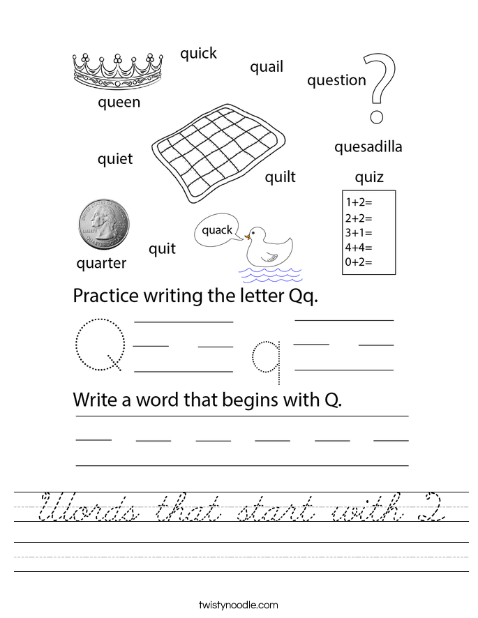 Words that start with Q Worksheet