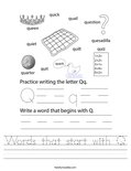 Words that start with Q Worksheet