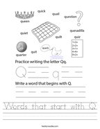 Words that start with Q Handwriting Sheet