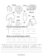 Words that start with T Handwriting Sheet