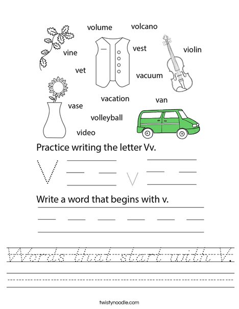 Words that start with V Worksheet
