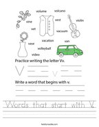 Words that start with V Handwriting Sheet
