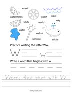 Words that start with W Handwriting Sheet