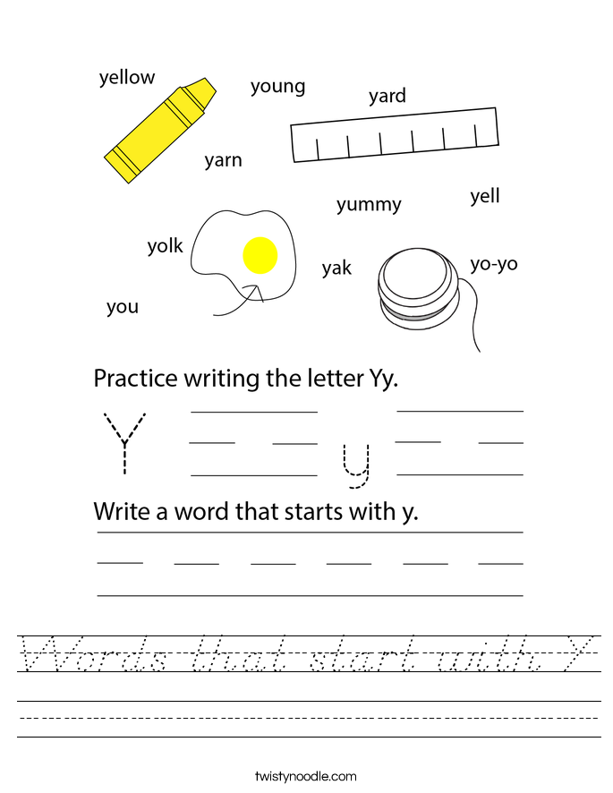 Words that start with Y Worksheet