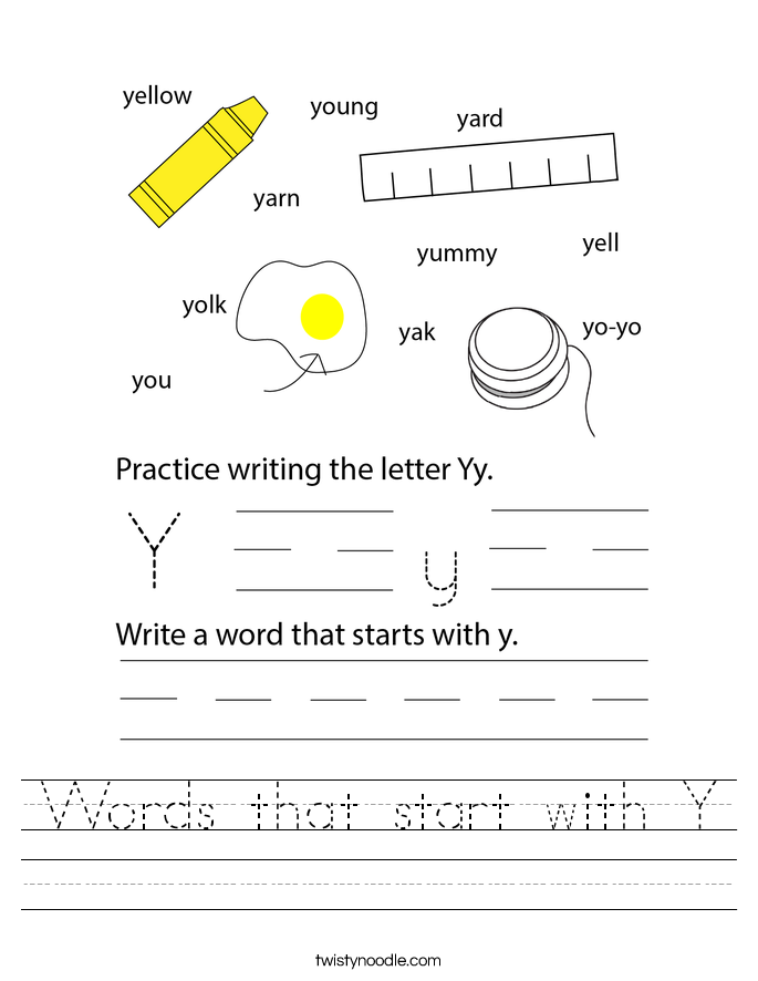 Words that start with Y Worksheet