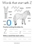 Words that start with Z Coloring Page