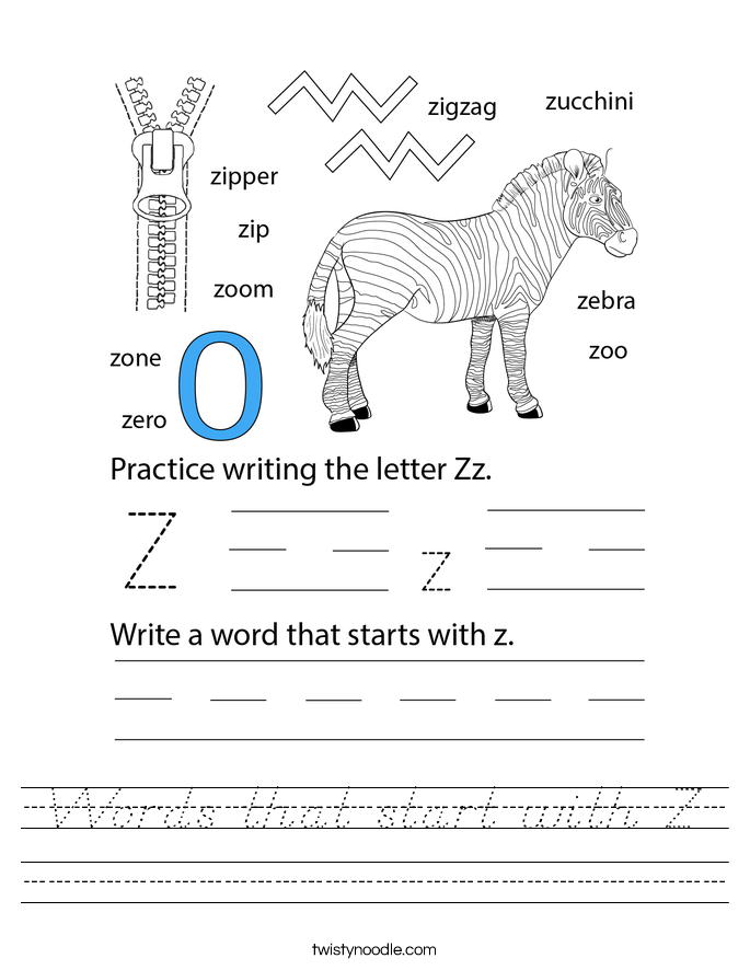 Words that start with Z Worksheet