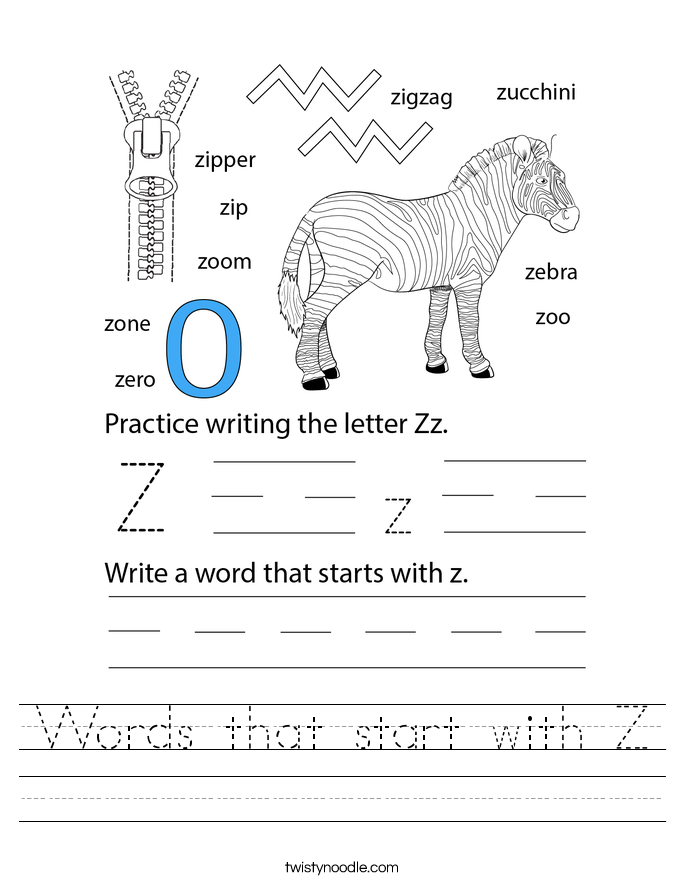 Words that start with Z Worksheet
