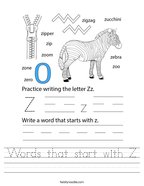 Words that start with Z Handwriting Sheet