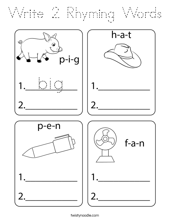 Write 2 Rhyming Words Coloring Page
