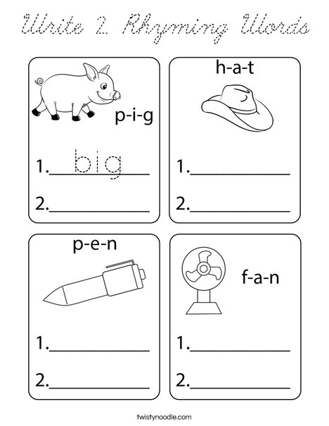 Write 2 Rhyming Words  Coloring Page