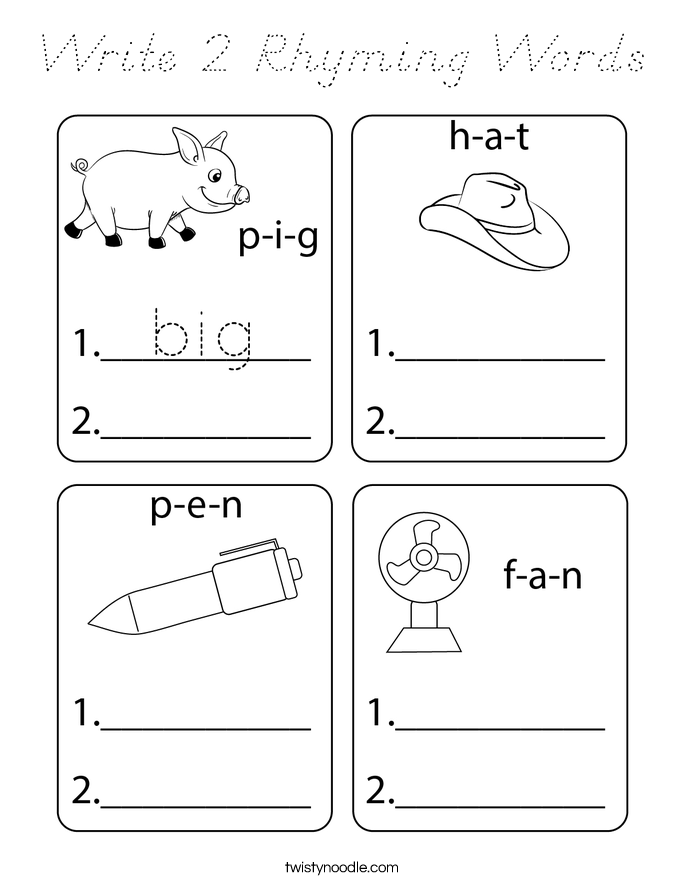 Write 2 Rhyming Words Coloring Page