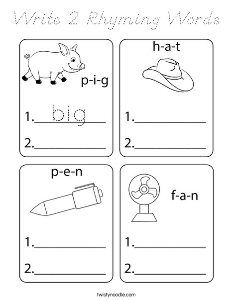 Write 2 Rhyming Words  Coloring Page