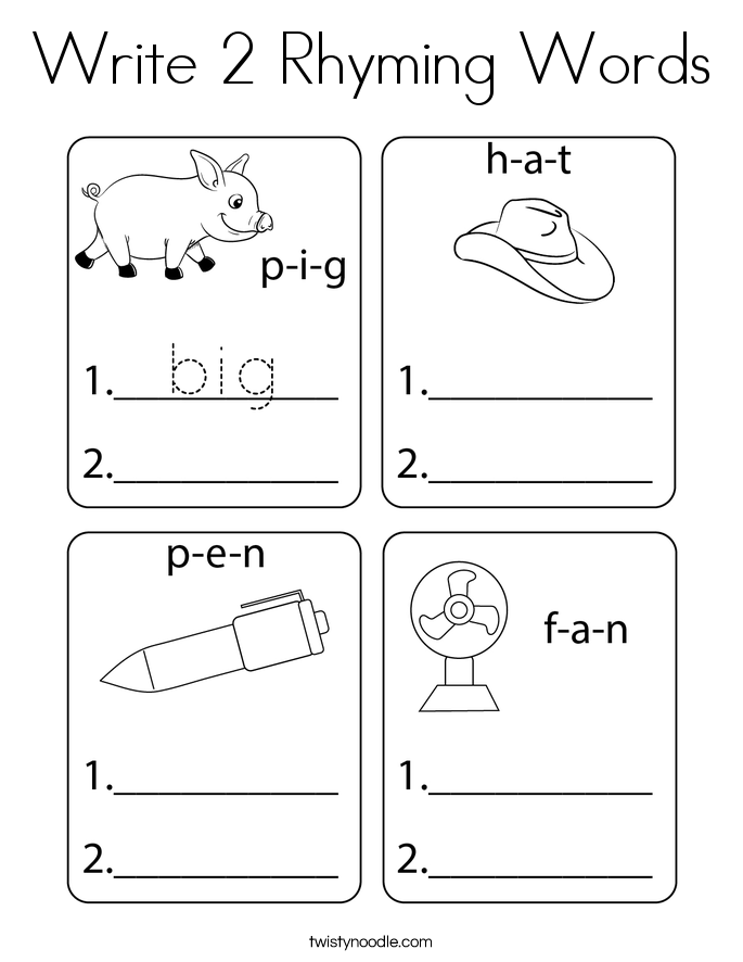 Write 2 Rhyming Words Coloring Page
