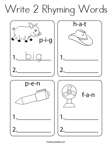 Write 2 Rhyming Words  Coloring Page