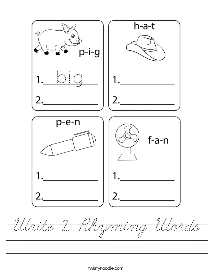 Write 2 Rhyming Words Worksheet