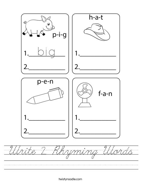 Write 2 Rhyming Words  Worksheet