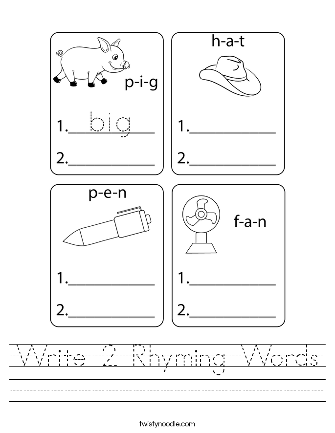 Write 2 Rhyming Words Worksheet