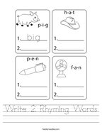 Write 2 Rhyming Words Handwriting Sheet