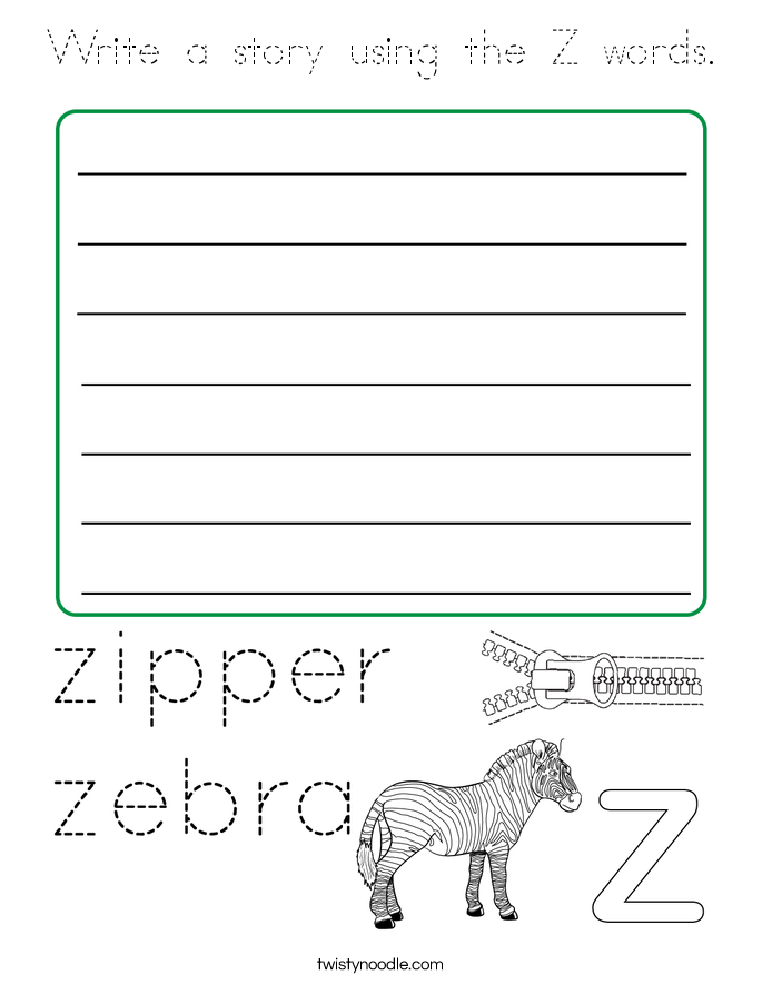 Write a story using the Z words. Coloring Page