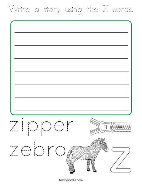 Write a story using the Z words. Coloring Page