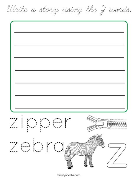 Write a story using the Z words. Coloring Page