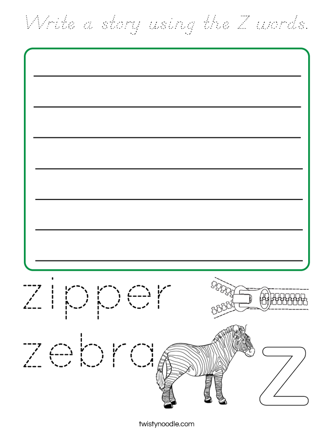 Write a story using the Z words. Coloring Page