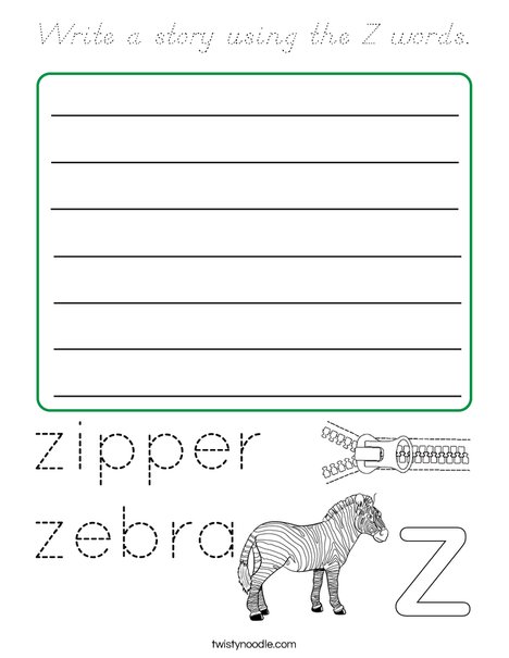 Write a story using the Z words. Coloring Page