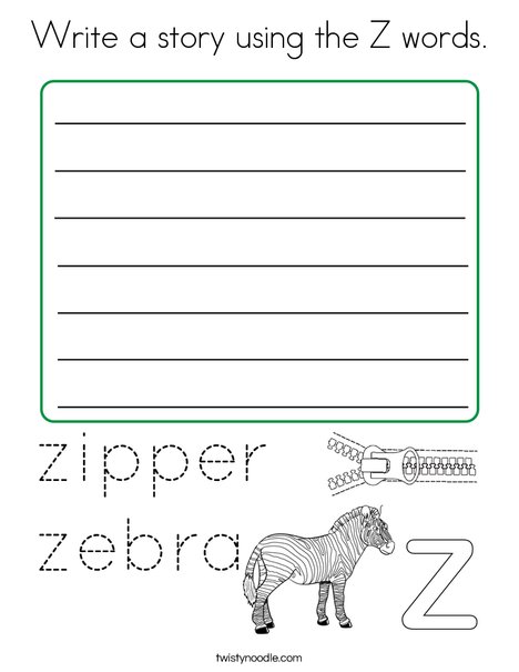 Write a story using the Z words. Coloring Page