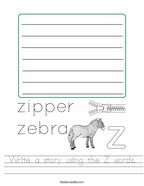 Write a story using the Z words Handwriting Sheet