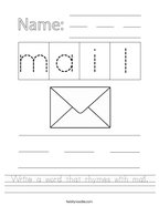 Write a word that rhymes with mail Handwriting Sheet