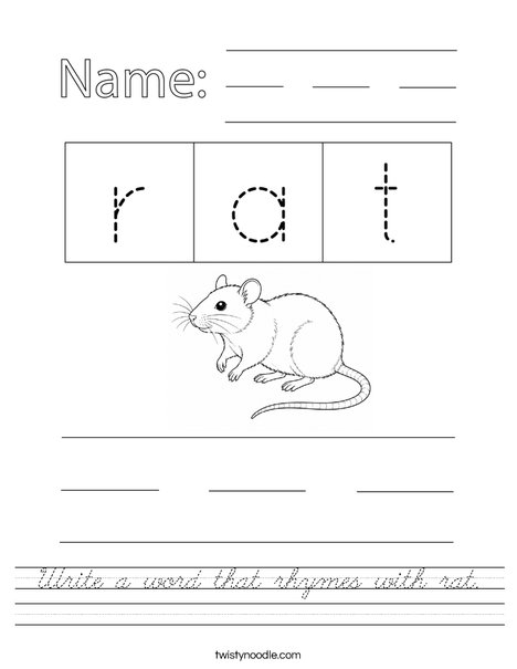 Write a word that rhymes with rat. Worksheet