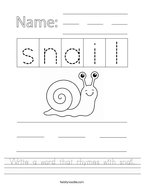 Write a word that rhymes with snail Handwriting Sheet