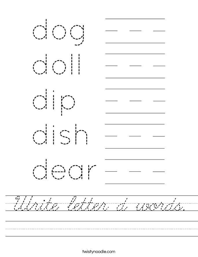 Write letter d words Worksheet - Cursive - Twisty Noodle