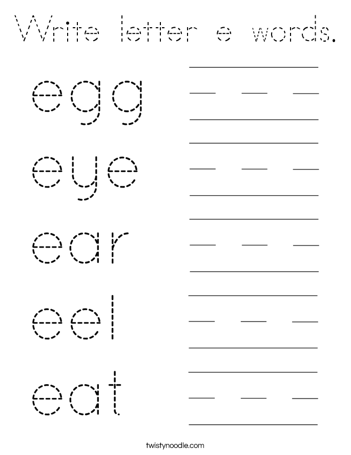 Write letter e words. Coloring Page