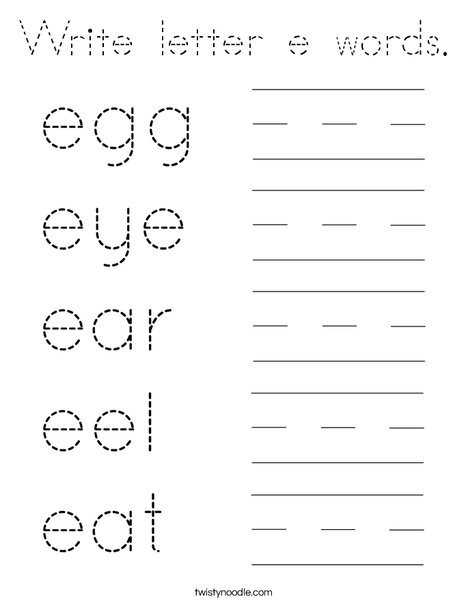 Write letter e words. Coloring Page