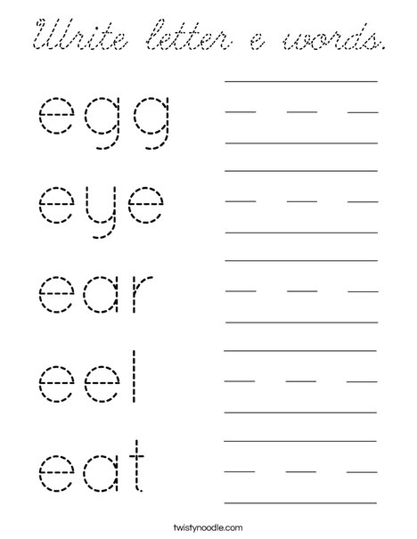 Write letter e words. Coloring Page