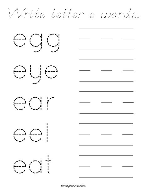 Write letter e words. Coloring Page