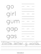 Write letter g words Handwriting Sheet