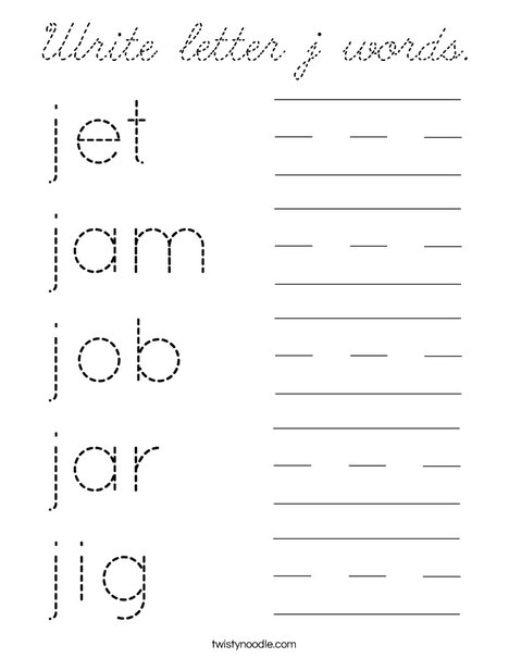 Write letter j words Coloring Page - Cursive - Twisty Noodle