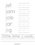 Write letter j words Handwriting Sheet