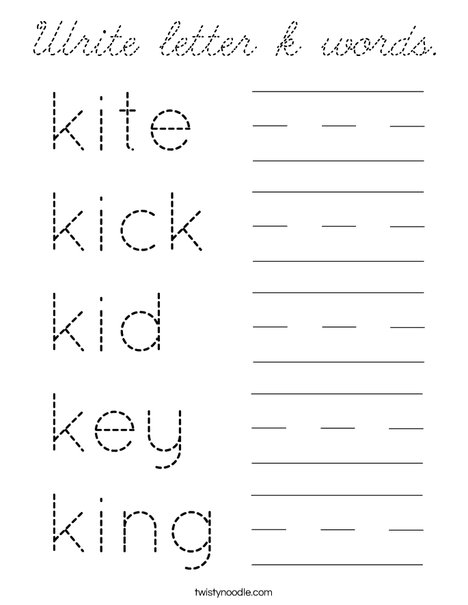 Write letter k words Coloring Page - Cursive - Twisty Noodle