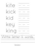 Write letter k words Handwriting Sheet