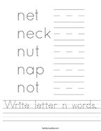 Write letter n words Handwriting Sheet