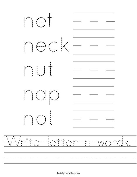 Write letter n words Worksheet - Twisty Noodle