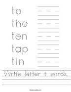 Write letter t words Handwriting Sheet